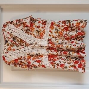 Torrid Womens Top Sz 2 Peplum Red Floral Tassels Short Sleeve Flutter V Neck Fun